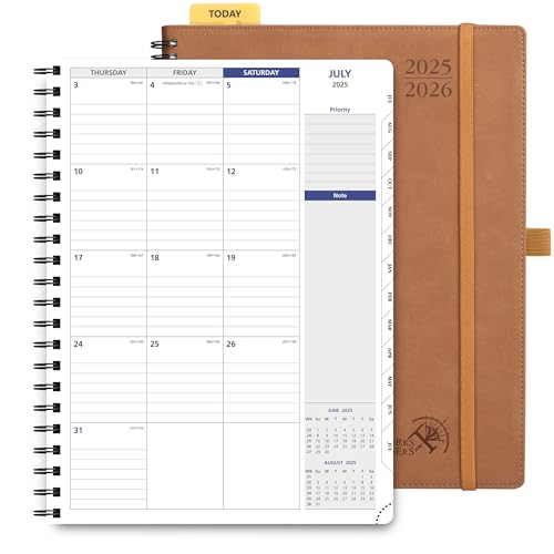 POPRUN 2025-2026 Monthly Planner Spiral Bound, 8.5'' x 11.25'' Academic Calendar (July 2025-July 2026) Appointment Book with Stair Tabs, Leather Cover, 4 Pages per Month with Notes - Brown
