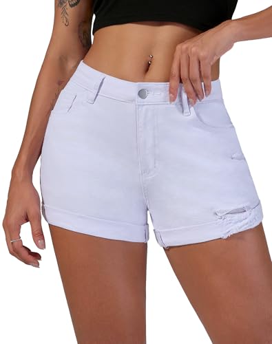 Queenwin Stretchy Jean Shorts for Women Ripped High Waisted Cuffed Denim Shorts White Large