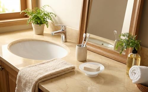 Image of Premium Frosted Glass Soap Dish for Bathroom and Kitchen | Round Countertop Soap Holder Case with Raised Interior Ridges for Shower Sink & Vanity Counter, Matte White Finish