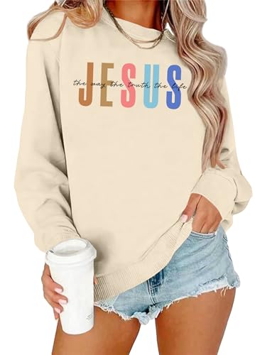 PICKID Christian Sweatshirts for Women: Christian Faith Shirt Bible Verse Sweater Religious Gift Pullover Top, Beige, Medium