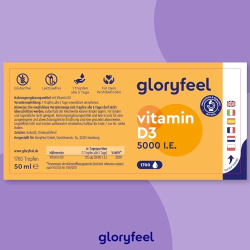 Vitamin D3 5000 I.E. pro Tropfen, Hochdosiert - 50ml (flüssig) in MCT-Öl aus Kokos - Vitamin D3 Tropfen hoch bioverfügbar und stabil - Laborgeprüft, ohne Zusätze in Deutschland hergestellt