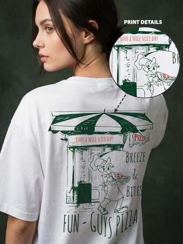 Image of JUNEBERRY Women's Pure Cotton Drop Shoulder Printed T-Shirt | Oversized Baggy Fit Half Sleeve Round Neck Graphic Tee (S-XXL)