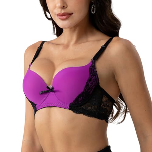 Image of YooMee Push Up Bra for Women,Lace Bras with Underwire Cups,Comfort Padded T-Shirt Bra Add One Cup Purple 42D