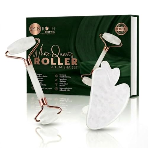 Image of Grade A+ Clear White Rose Quartz Roller & Gua Sha For Face Massager Jawline Anti-Aging, Drainage Massage, Wrinkles, Facial Guasha (Clear White)