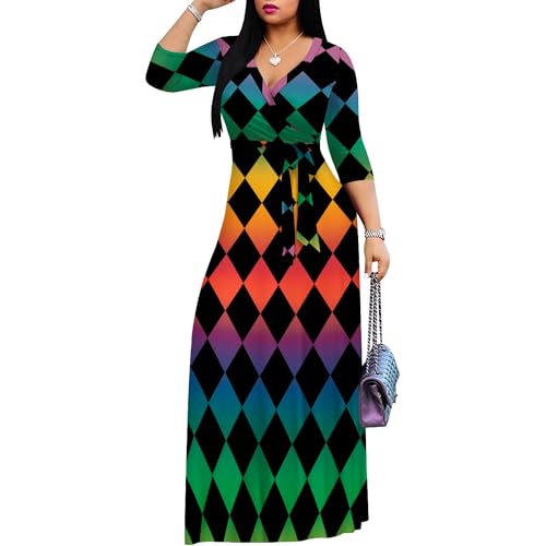 Image of PinkPatty Women's Plus Size Maxi Dress Casual 3 /4 Sleeve Dress with Belt | Soft stretch feel, printed style, flowy A-line fit, v neck, waist tie, side pockets, for vacation, party and daily wear