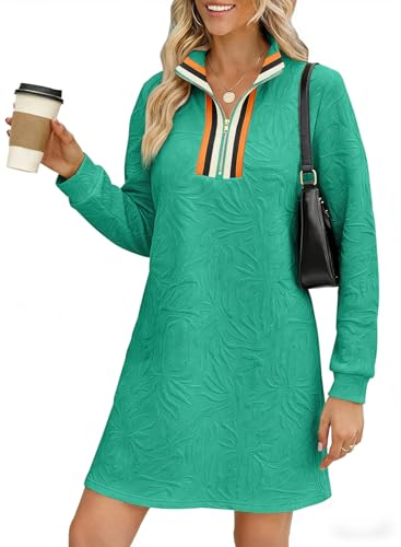 BLENCOT Spring Dresses for Women Casual Long Sleeve Half Zip Sweatshirt Dresses Colorblock V Neck Pullover Sweater Dress with Pockets Green L