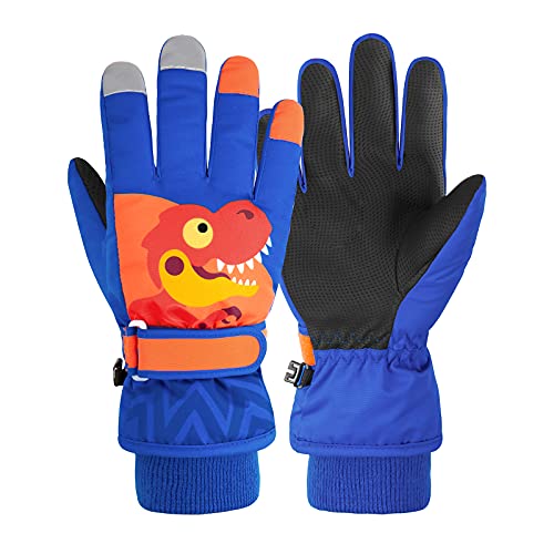 Kids Waterproof Winter Ski Gloves Dinosaur Royal Blue S