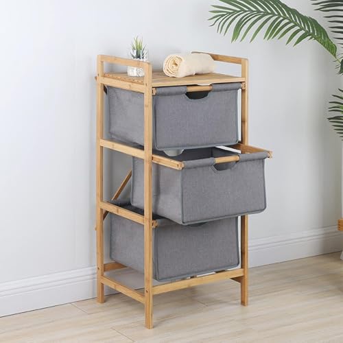 Image of Lukzer 3 Layer Vertical Bamboo Storage Shelf with Removable Fabric Drawers, Multipurpose Tall Organizer for Bathroom, Bedroom, Laundry, Living Room & Office, Space-Saving Wooden Rack, Grey (CH-011)