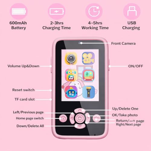 Image of Brand Conquer Kids Mobile with Digital Camera 2.4 inch IPS Screen, 1080P HD Video, 40MP Photo, Flash Light, 6 Games, MP3 Player, Type-C Port, 32GB Expandable, Silicone Cover with Rope & Cable (Pink)