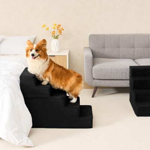 Image of EHEYCIGA Dog Stairs for High Bed 22.5 inch H, 5-Step Dog Steps for Bed, Pet Steps for Small Dogs and Cats, Non-Slip Balanced Pet Ramp Indoor, Black