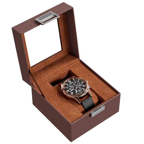 Procase Boite à Montre Antichoc, Coffret Montre Homme avec 1 Emplacement Coussins Montre, Rangement Montre avec Couvercle en Verre, pour Voyage -Marron