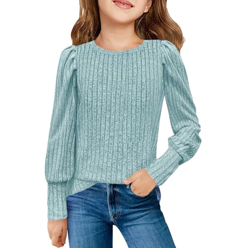 Teen Girls Puff Knit Sweater Shirts Kids Elastic Cuff Ribbed Long Sleeve Blouse Elegant Cute Fashion Solid Stripe Crop Tops