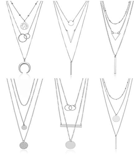 Biokia 6 Pieces Layered Necklaces for Women Long Necklaces Gold Choker Necklaces Map Coin Bar Crescent Moon Necklace Layered Y Pendant Necklace Multilayer