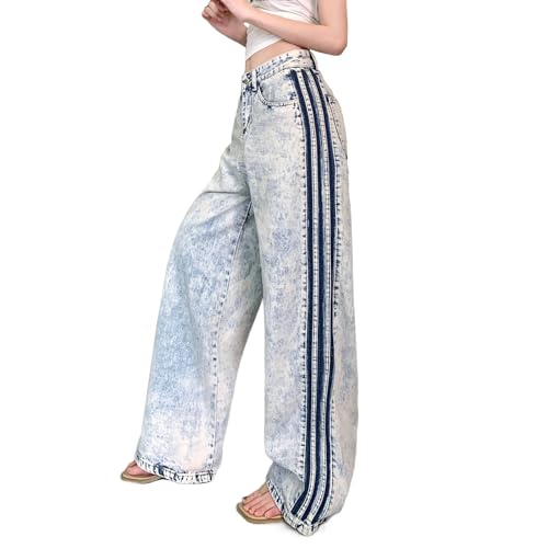 Women's Stretchy Side Striped Wide Leg Jeans High Waisted Straight Leg Y2K Cute 90s Baggy Boyfriend Jeans for Teen Girls