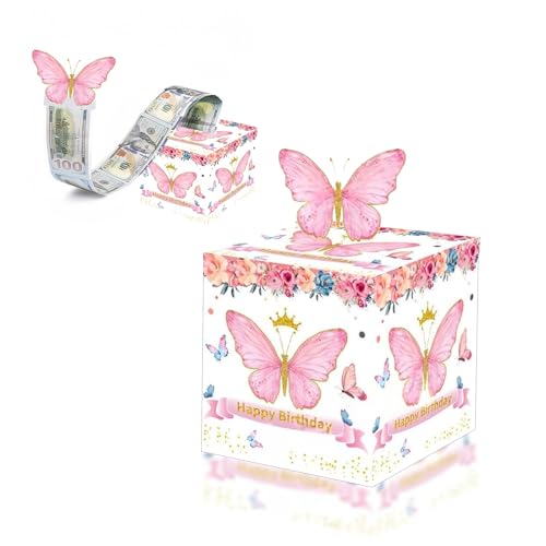 Girls Birthday Money Box for Cash Gift Pink Butterfly Pull Surprise Money Gift Box for Girls and Women Presents Birthday Gift Money Box Money Presentation Box for Cash Gifts