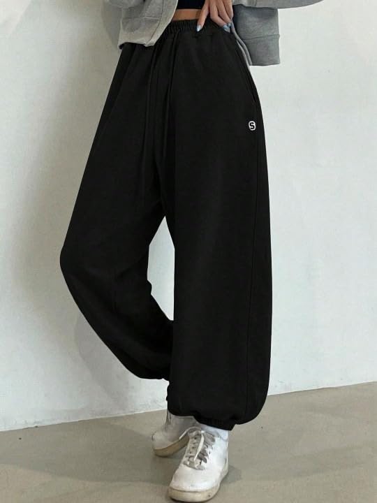 Image of Women?s Relaxed Fit Black Track Joggers ? High Waist with Pockets for Sporty & Casual Look