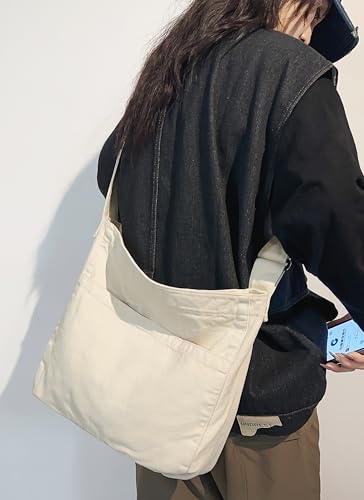 Image of Cotton Tote Handbag Women Canvas Crossbody Beach Bag Hobo Shoulder Tote Bag with 3 External Pocket,Zipper Closure