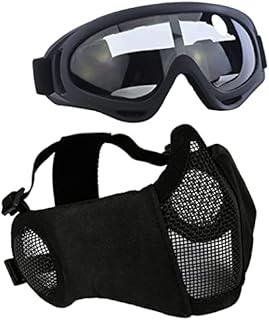 AOUTACC Airsoft Protective Gear Set, Half Face Mesh Mask with Ear Protection and Tactical Goggles for Kid Adult Men Women BBS Paintball Shooting CS Survival Games Cosplay (Black)