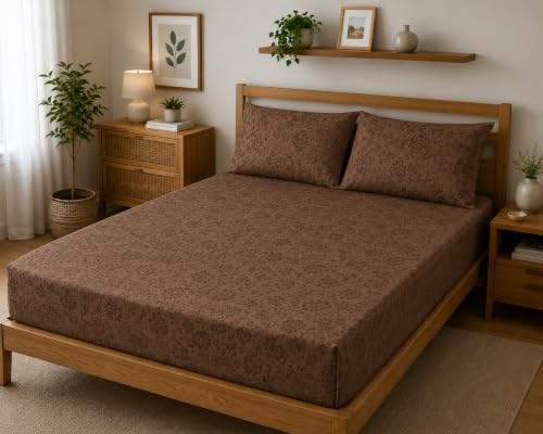 Image of Fitted Bedsheet Brown 3D Floral Print Glace Cotton 210 TC | Full Single Size for Single Bed Fits 4 x 6.25 ft Mattress (48 x 75 Inch) | All Around Elastic | 2 Pillow Covers | 7 Inch Deep Pocket