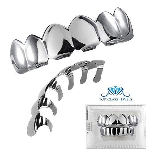 24K Plated Joker Gold Grillz for Mouth Top Bottom Hip Hop Teeth Grills for Teeth Mouth + 2 Extra Molding Bars + Microfiber Cloth (Silver 2) - Thumbnail 2