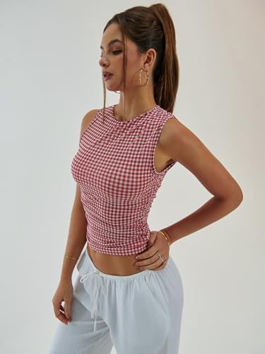 Milumia Women's Gingham Top Y2k Sleeveless Mock Neck Ruched Fiited Tank Tops4