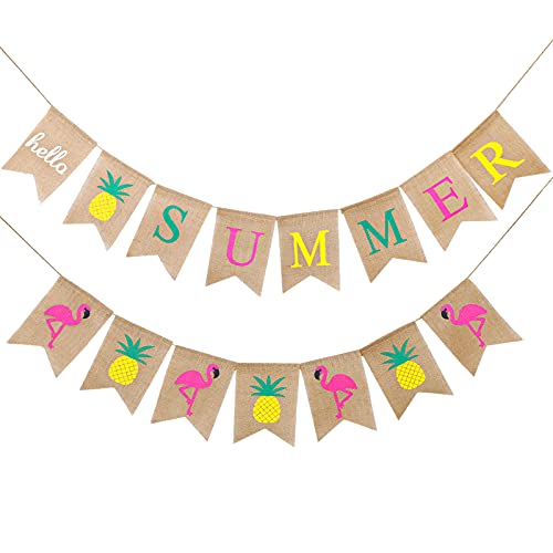 2 Pieces Hello Summer Burlap Banner Rustic pineapple Banner with Flamingo Pattern Summer Garland Flag Decoration for Pool Party, Beach Party, Barbecue Party Summer Party Decorations