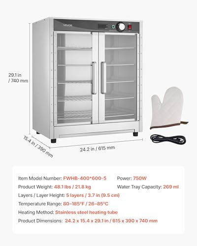 Image of VEVOR Electric Hot Box Food Warmer, 5-Tier Commercial Warming Cabinet with Water Tray, Double-Door and Adjustable Shelves, Stainless Steel Food Warmer Cabinet, for Restaurant, Kitchen, Pizza, Chicken