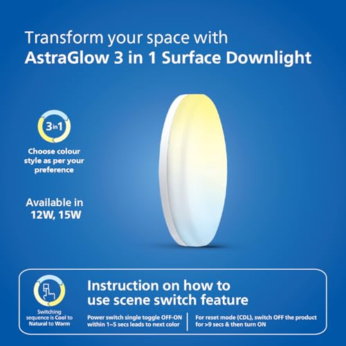 Image of PHILIPS 12W 3in1 AstraGlow Round Surface LED Panel Light | Slim Modern Design | Energy Efficient Ceiling Light for Home & Office - White | Pack of 6
