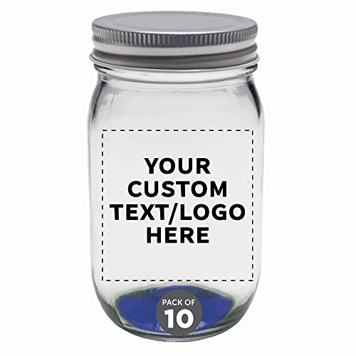 DISCOUNT PROMOS Custom Mason Jars with Lids 16 oz. Set of 10, Personalized Bulk Pack - Glass Jars for Overnight Oats, Candies, Fruits, Pickles, Spices, Beverages - Blue