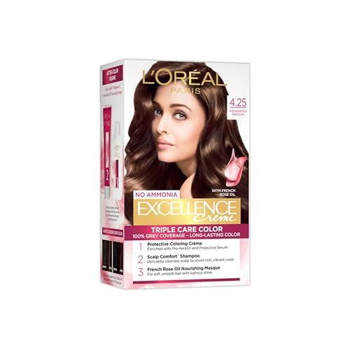 L’Oreal Paris Permanent Hair Colour, Radiant At-Home Hair Colour with up to 100% Grey Coverage, Pro-Keratin, Up to 8 Weeks of Colour, Excellence Crème, 4.25 Aishwarya’S Brown, 72ml+100g