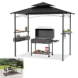 YRHome 2.4x1.5m Grillpavillon Schwarz BBQ Grillüberdachung mit Doppeldach, 2 Seitenregalen Metallkorb & Haken Wetterfeste Gartenlaube BBQ-Gazebo-Überdachung für Außengrill Party Grillunterstand