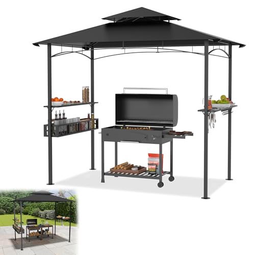 YRHome 2.4x1.5m Grillpavillon Schwarz BBQ Grillüberdachung mit Doppeldach, 2 Seitenregalen Metallkorb & Haken Wetterfeste Gartenlaube BBQ-Gazebo-Überdachung für Außengrill Party Grillunterstand
