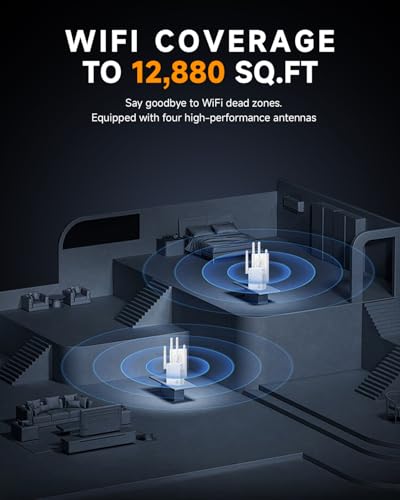 Image of WiFi Extender Signal Booster, Wide Coverage Supports 105 Devices for Home | WiFi Booster Covers 12880 Sq.ft Range, 1200Mbps Speed, Effortless 1-Key Setup, Flexible Wired Connection, 105 Device Capacity