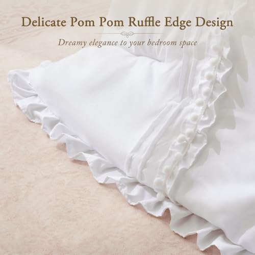 BDEUS White Ruffle Comforter Set Queen Size, 3 Pieces Lightweight Fluffy All Season Bedding, Farmhouse Shabby Chic Boho Bed Sets with Cute Pom Pom Design，1 Comforter & 2 Pillowcases, 88"X88" by BDEUS - Used condition - Image 3