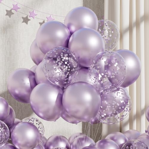 Image of RainbowQ Metallic Light Purple Balloons: 55Pcs 12 inch Chrome Lavender Confetti Balloon Lilac Latex Balloons for Birthday Anniversary Wedding Decoration