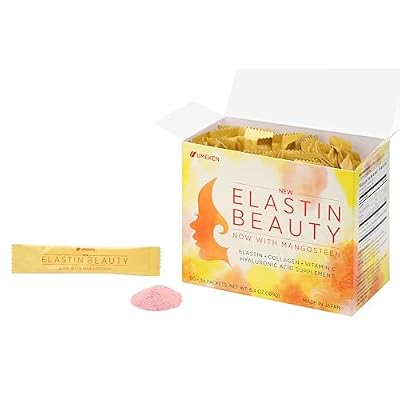 Umeken Elastin Beauty Powder Supplement with Collagen Peptides, Hyaluronic Acid, Vitamin C and Mangosteen Fruit, Womens Health and Wellness, 1 Month Supply, 60 Packets