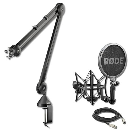 Rode PSA1 Desk-Mounted Broadcast Microphone Boom Arm with Rode SM6 Shock Mount with Detachable Pop Filter and XLR Cable (10')