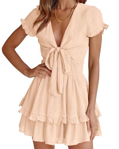 PRETTYGARDEN Women Summer Mini Short Dress 2025 Short Sleeve Casual Beach Vacation Sundress V Neck Tiered Sun Dresses