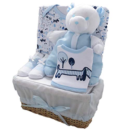 Bee Bo Baby Gift Set with Bodysuit, Bib, Socks and Teddy Bear in a Rattan Basket, 0 - 3 Months