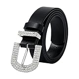 AWAYTR Rhinestone Buckle Belt for Women - PU Leather Plus Size Belts for Jeans and Dress (Black,130cm)
