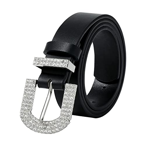 AWAYTR Rhinestone Buckle Belt for Women - PU Leather Plus Size Belts for Jeans and Dress