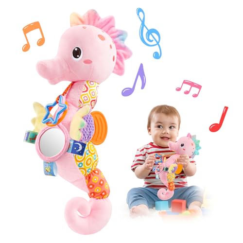 Image of LIGHTDESIRE Baby Toys Musical Seahorse,Infant Stuffed Animal Toys with Crinkle and Rattles,Soft Sensory Toys with Textures for Tummy Time Newborn Boys Girls 0 3 6 12 Months(Pink)