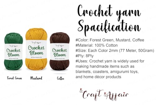 Image of Craft Affair | Crochet Bloom Cotton Yarn 8ply (Each Color 2mm, 77Meter, 50Gram) 100% Pure Cotton | for Knitting & Crocheting | Craft & DIY Project: Forest-Green, Mustard, Coffee