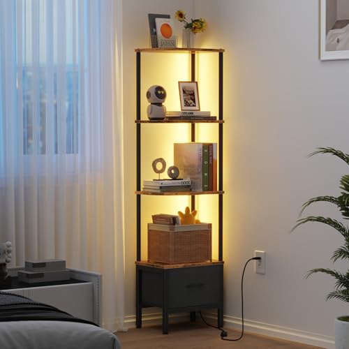 OYRREU Librería con Cajón y Luz LED, Estantería Alta de Esquina de 4 Baldas, Librería para Salón o Dormitorio, Estante Estrecho con Cajón de Tela, Marrón Retro