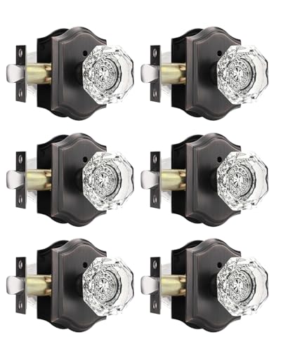 Gobrico Heavy Duty Privacy Door Locksets in Octagon Crystal Shape,Oil Rubbed Bronze Door Knobs,Keyless Door Handles with Lock for Interior Bath/Bed Room,6 Pack