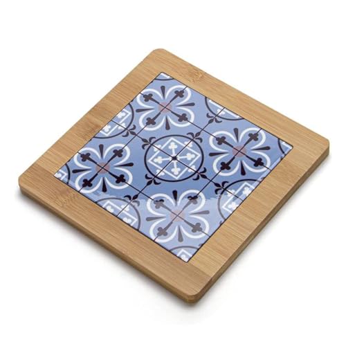 ROCKING GIFTS Sottopentola in Ceramica e Legno con Mosaico Idraulico Blu | Resistente al Calore, Antiscivolo, Protegge Cucina e Tavolo | Design Rustico, Decorativo, Originale | Idea Regalo Casa Nuova