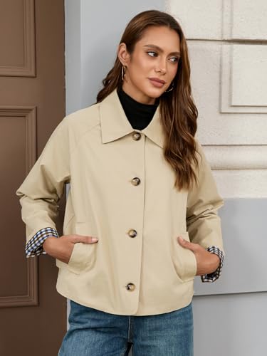 Womens Cropped Trench Coat Single Breasted Classic Lapel Overcoat Plaid Lined Oversized Outerwear3
