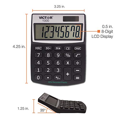 Victor 1000 8-Digit Standard Function Calculator, Battery And Solar Hybrid Powered Angled Lcd Display, Great For Home And Office Desks, Black, 0.5" X 3.3" X 4.3" #TOP2