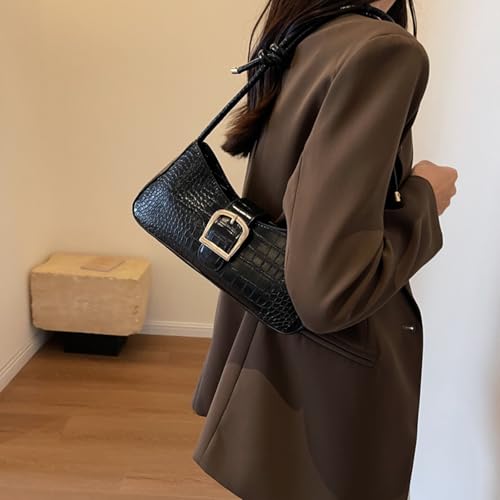 Vintage Shoulder Bag for Women,Small Solid Color Crocodile Print PU Leather Underarm Purse Tote Handbags2