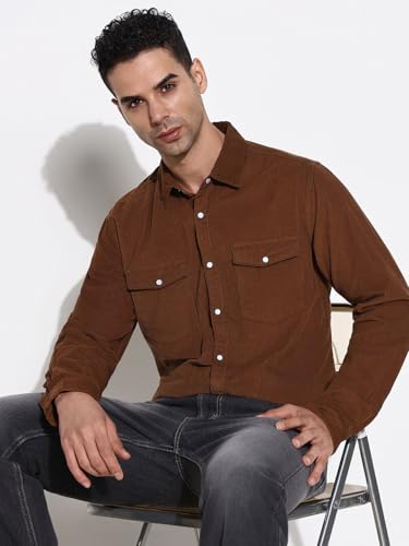 Image of SHOWOFFFF Men Solid Casual Shirt | Spread Collar Full Sleeves Corduroy Shirt's for Mens | Slim Fit Regular Length Shirts for Men's